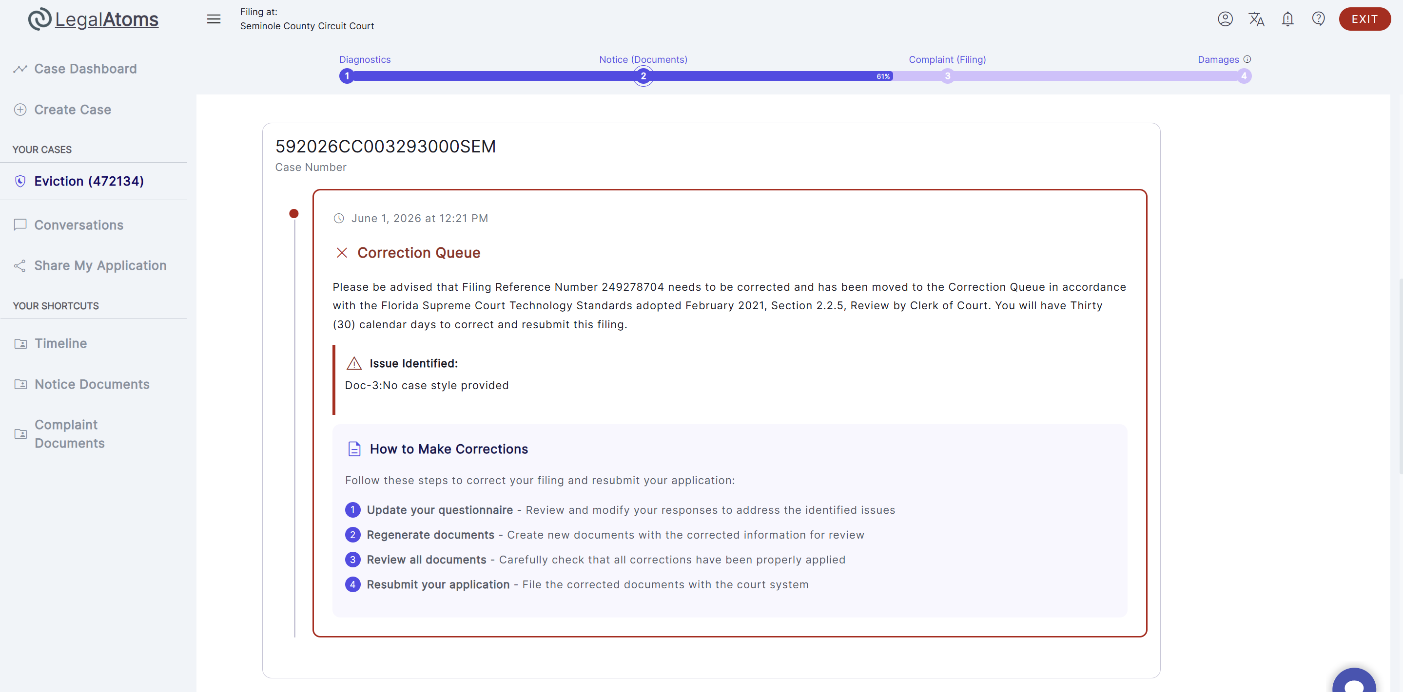 LegalAtoms correction queue identifying a clerk's filing issue and guiding the fix, in Florida