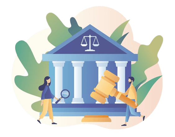Courthouse with scales of justice and a gavel