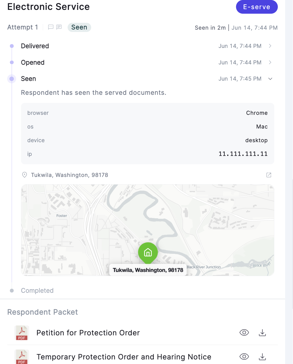 LegalAtoms electronic service record: delivered, opened, and seen, with device, IP, and location captured as proof of service