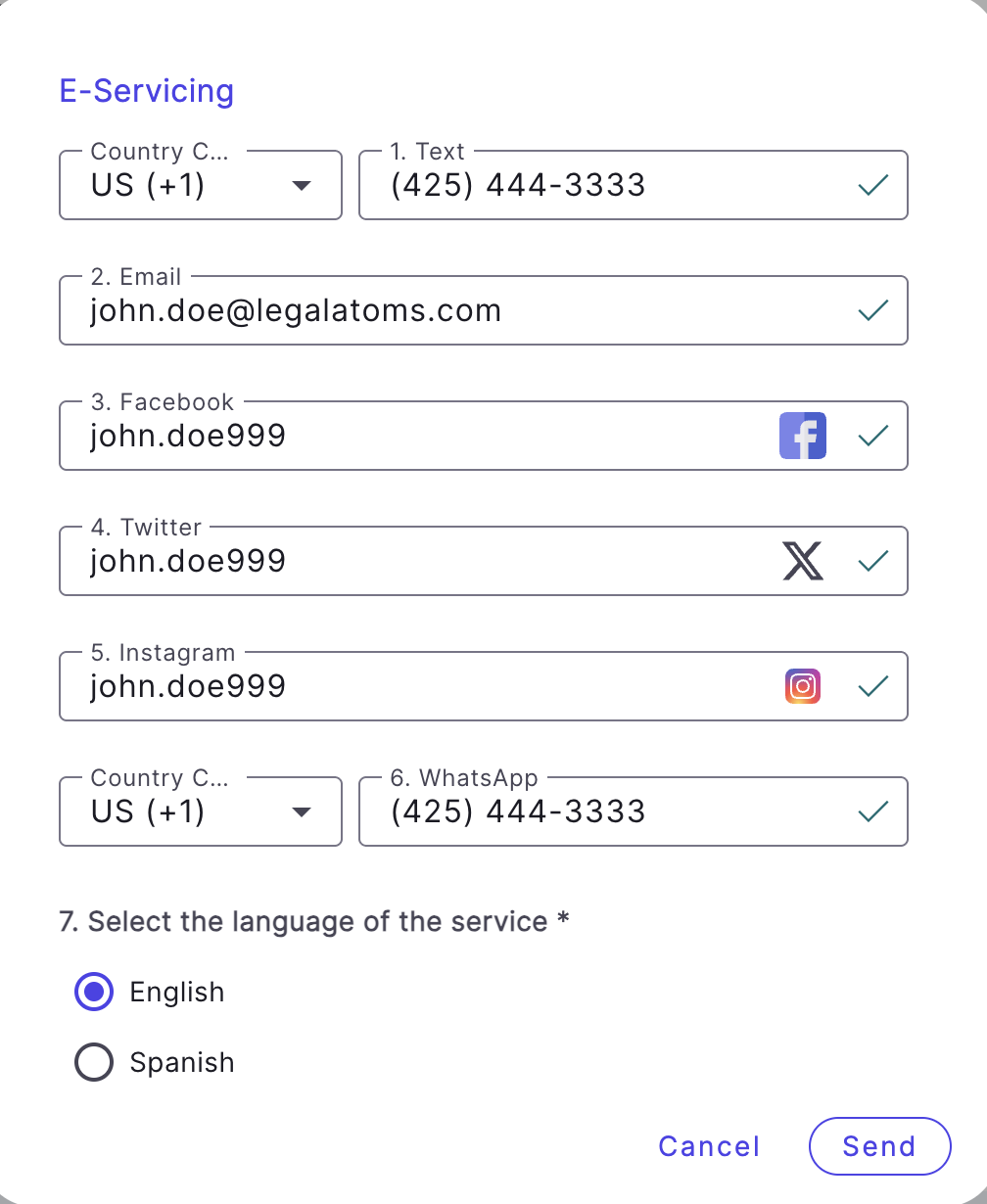 LegalAtoms e-servicing form: serve the respondent by text, email, Facebook, X, Instagram, and WhatsApp